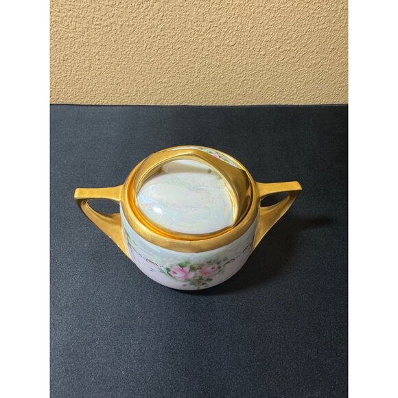 Antique Hand-Painted Porcelain Sugar Bowl With Lid - Floral Design & Gold Accent - Picture 2 of 9